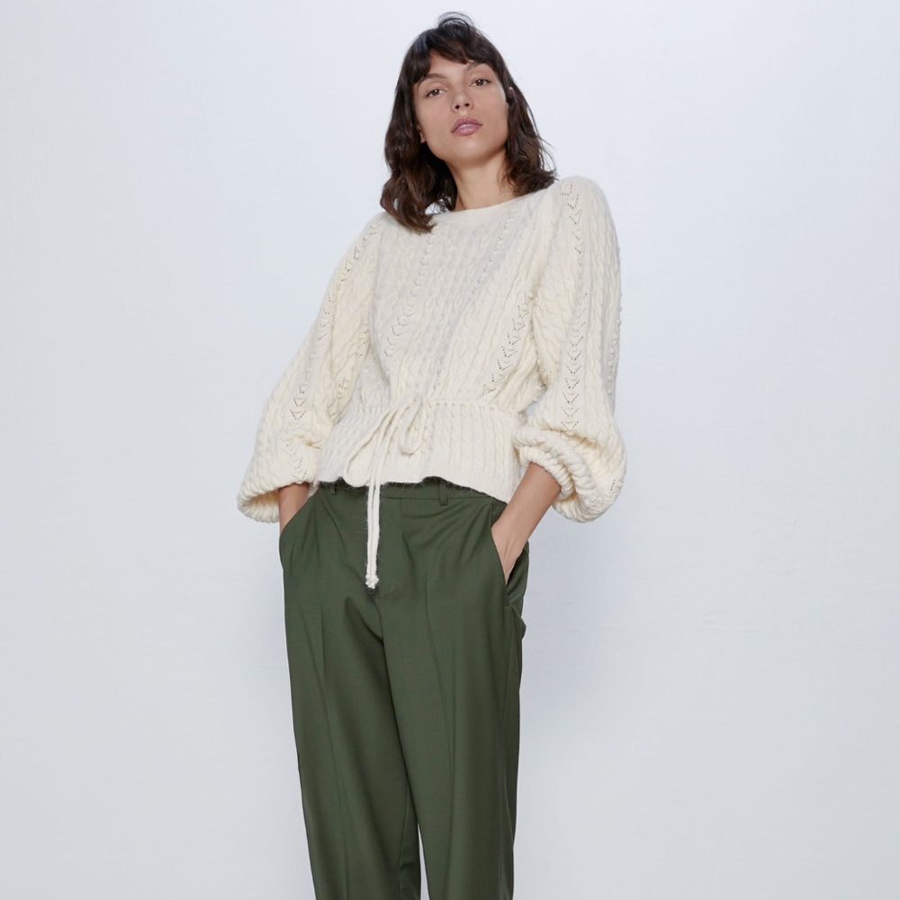 Zara Cream Cable Knit Drawstring Sweater